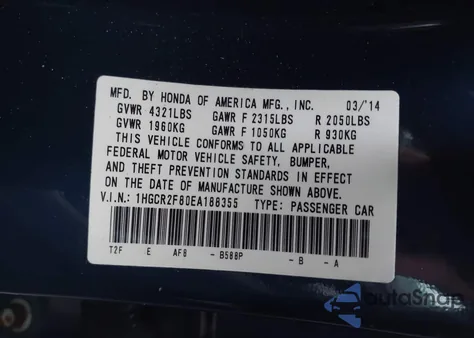 2014 Honda Accord Ex-L from USA, damaged, VIN 1HGCR2F80EA188355